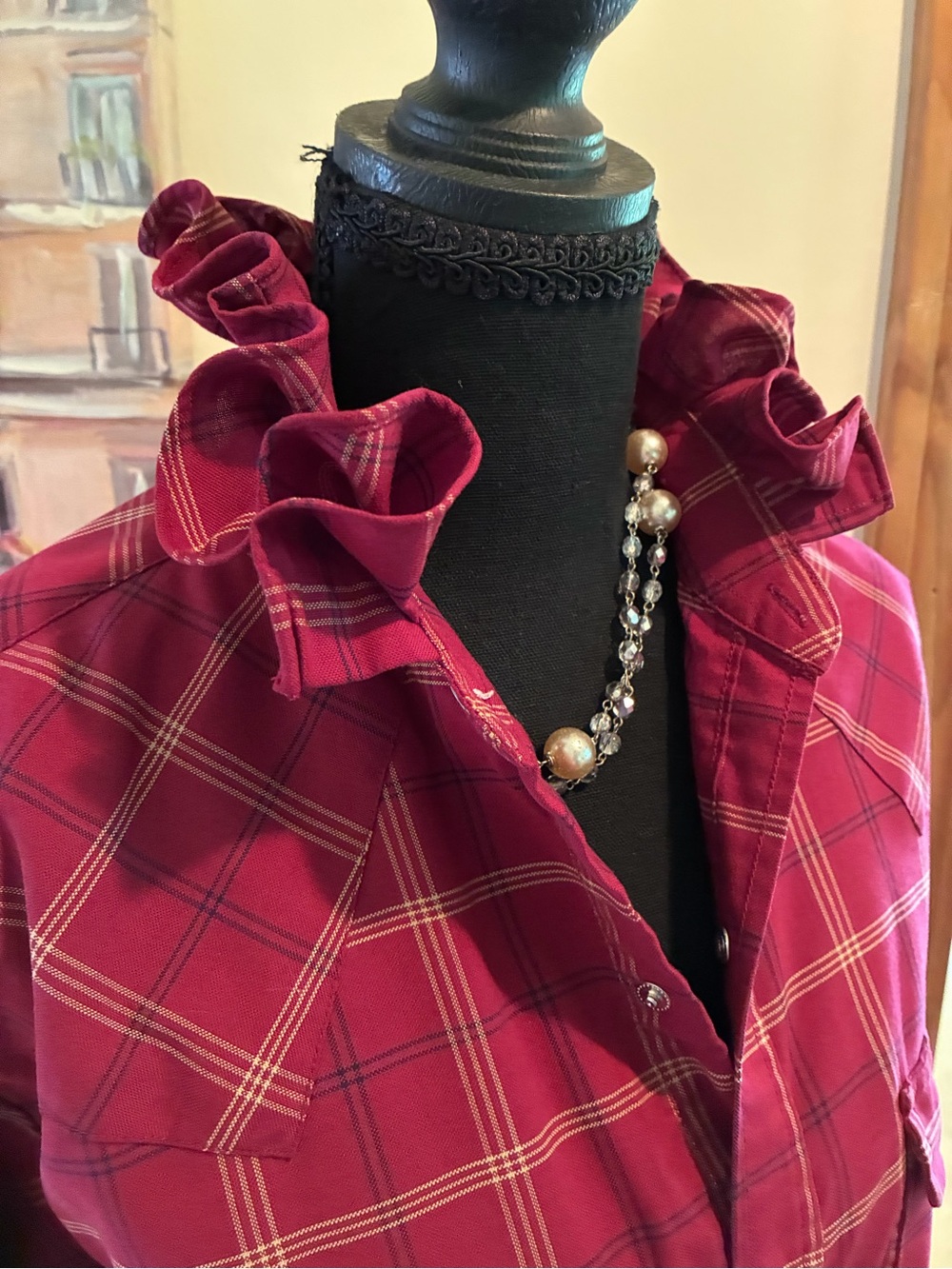 Women's Burgundy Plaid Button-Down Shirt - Tie Front - Picture 3 of 7